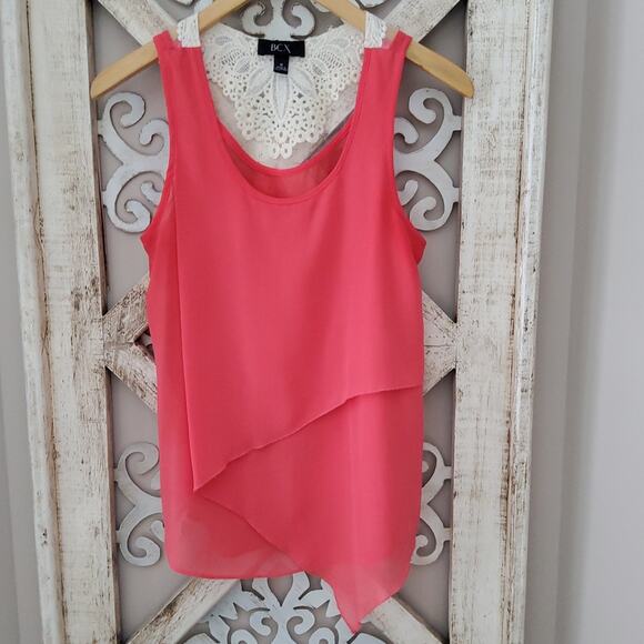 BCX Women's Junior Layered Asymmetric Mesh Crochet Lace Tank Top in Coral - Picture 6 of 7